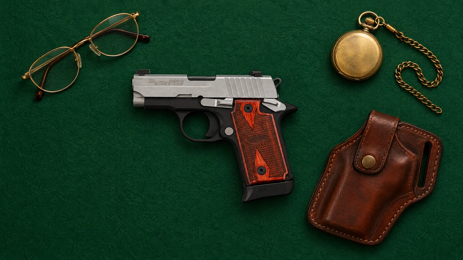 SIG P238 Two-Tone .380 pistol lying flat on green felt beside reading glasses, a brass pocket watch and a leather holster