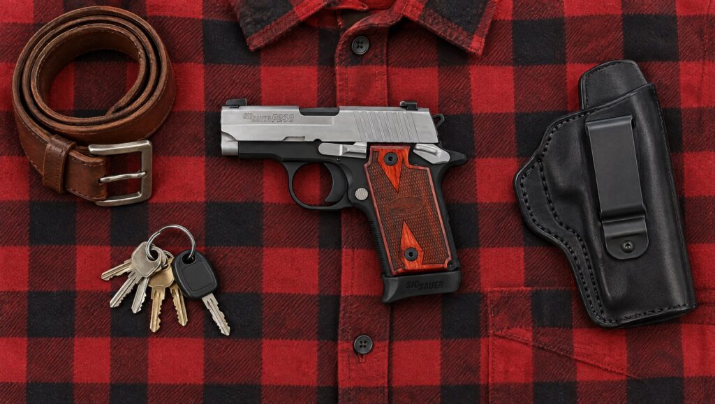 SIG P238 pistol lying flat on a buffalo check flannel shirt beside a black leather IWB holster, a belt and keys