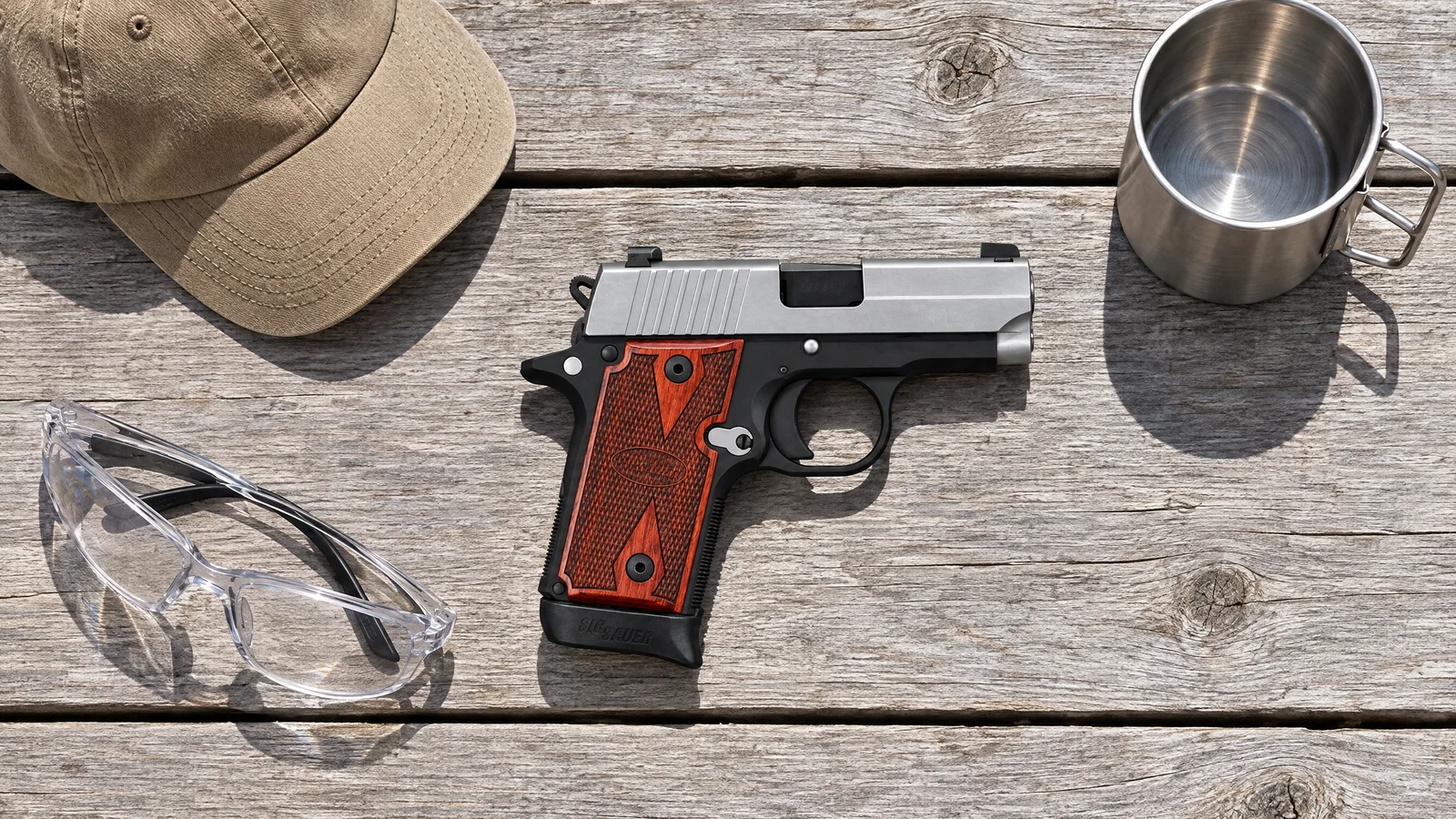 Right side of a SIG P238 Two-Tone lying flat on a weathered cedar picnic table beside a canvas cap, a steel mug and safety glasses