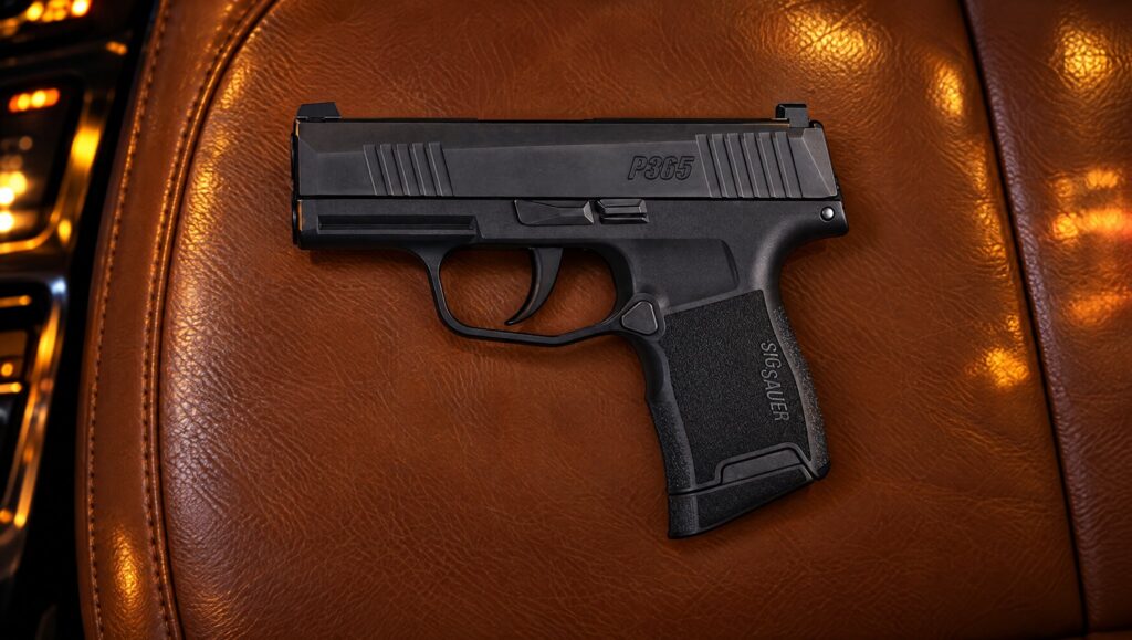 Black Sig Sauer P365 pistol lying on a cognac leather car seat at night with city lights in the window