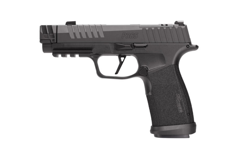 SIG Sauer P365-MACH3D 9mm pistol, left side, MACH3D compensator at the muzzle, SIG product image