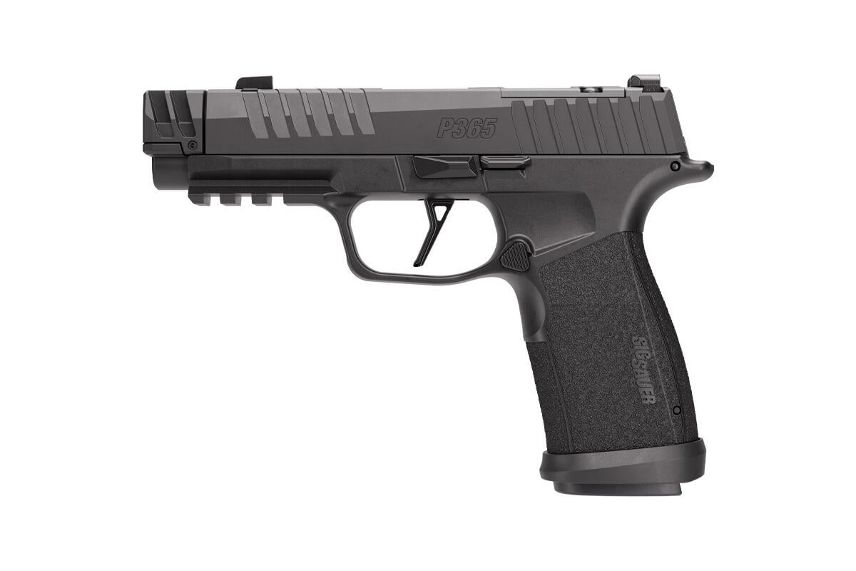 SIG Sauer P365-MACH3D 9mm pistol, left side, MACH3D compensator at the muzzle, SIG product image