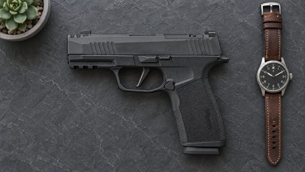 Sig Sauer P365 X-Macro pistol lying on dark slate beside a succulent and a leather watch