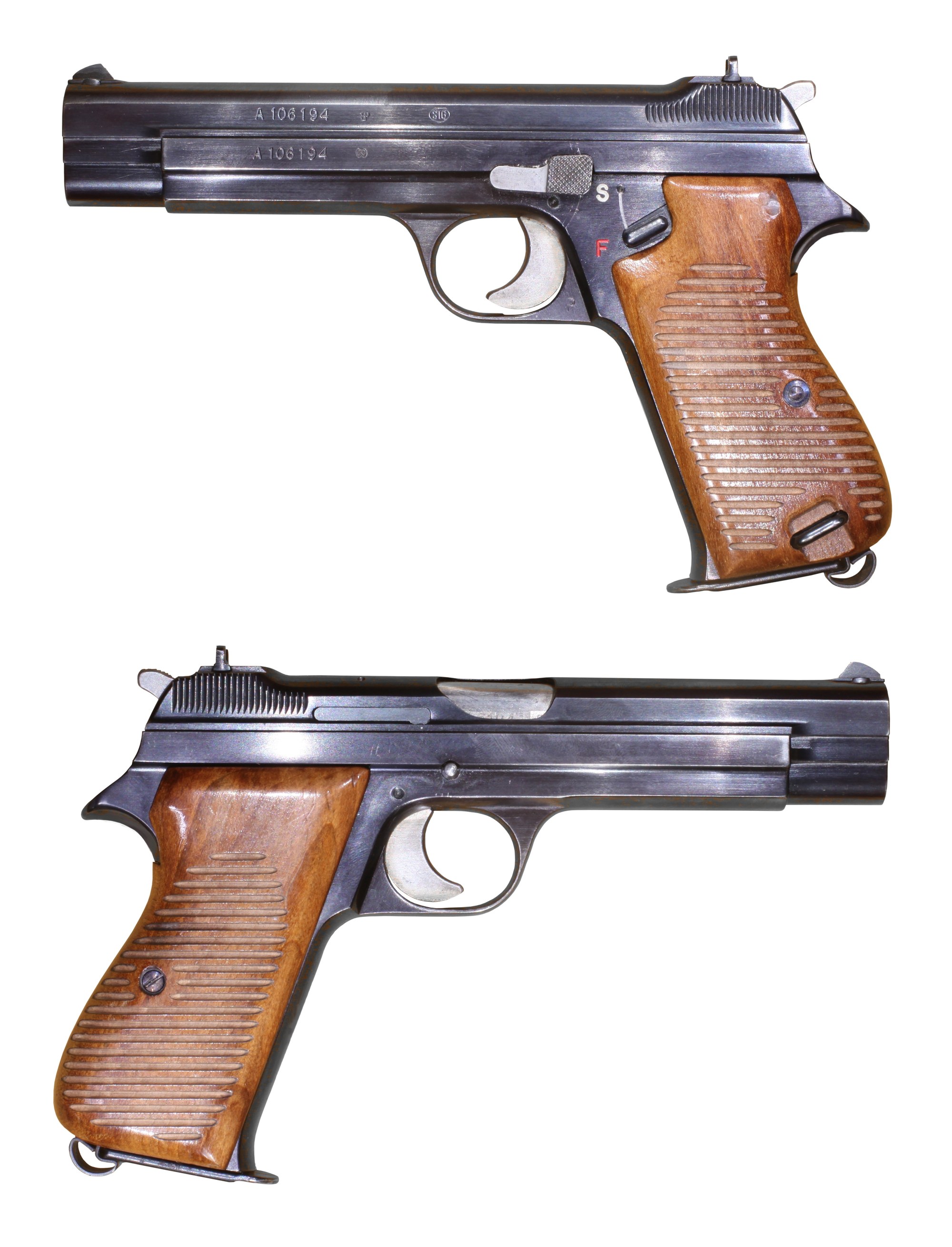 Left and right sides of a Swiss Army SIG P49 pistol with wooden grips and heel magazine catch