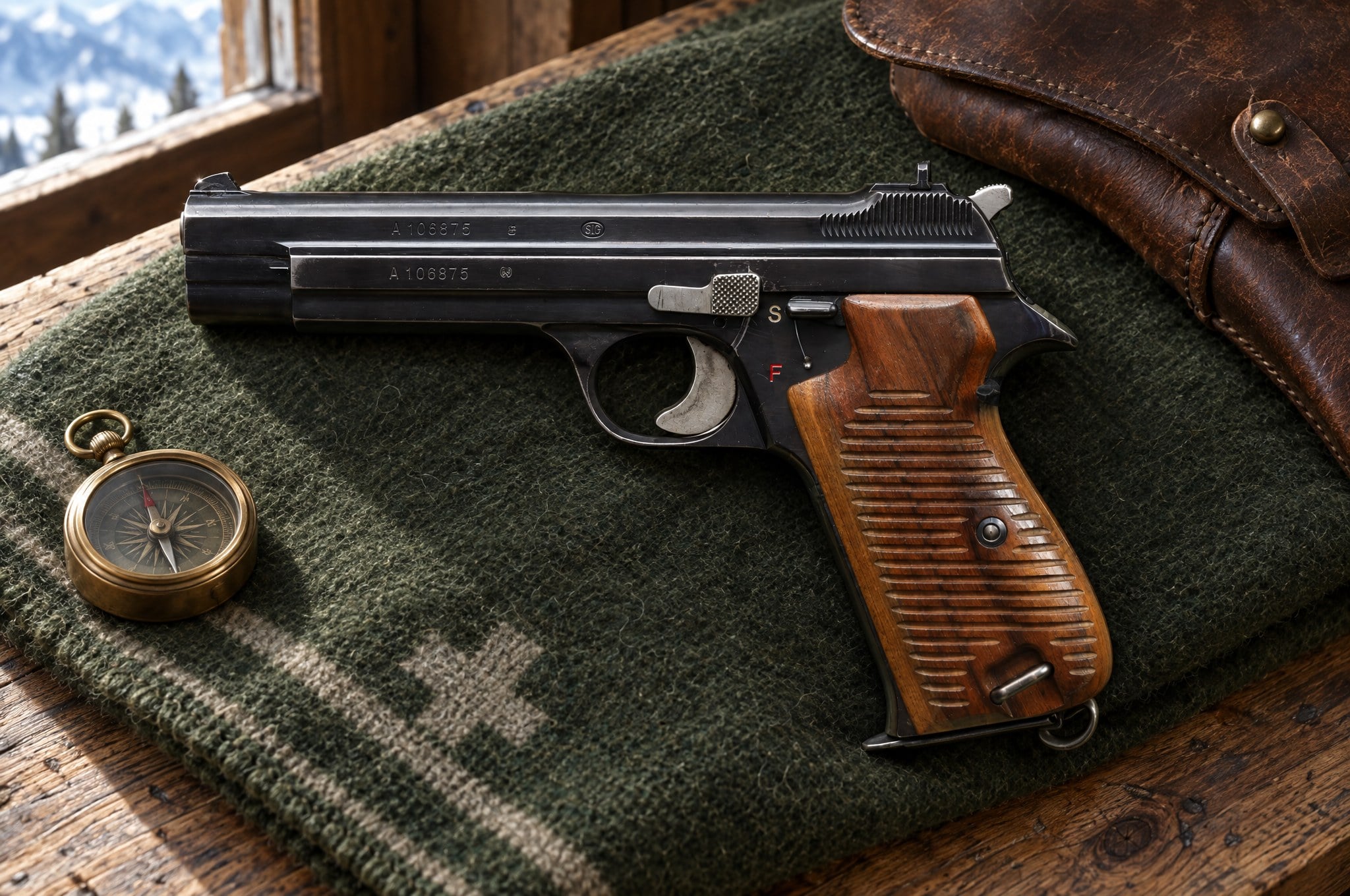 Swiss Army SIG P49 9mm pistol with grooved walnut grips on a green wool army blanket beside a leather holster and a brass compass