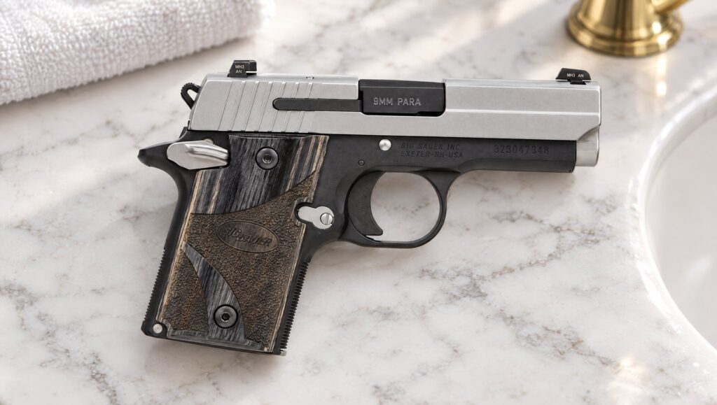 Two-tone Sig Sauer P938 pistol with wood grips lying on a white marble vanity in morning light