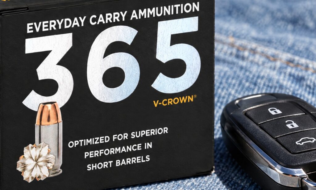 Sig Sauer 365 V-Crown 380 Auto box front on blue denim beside a car key fob