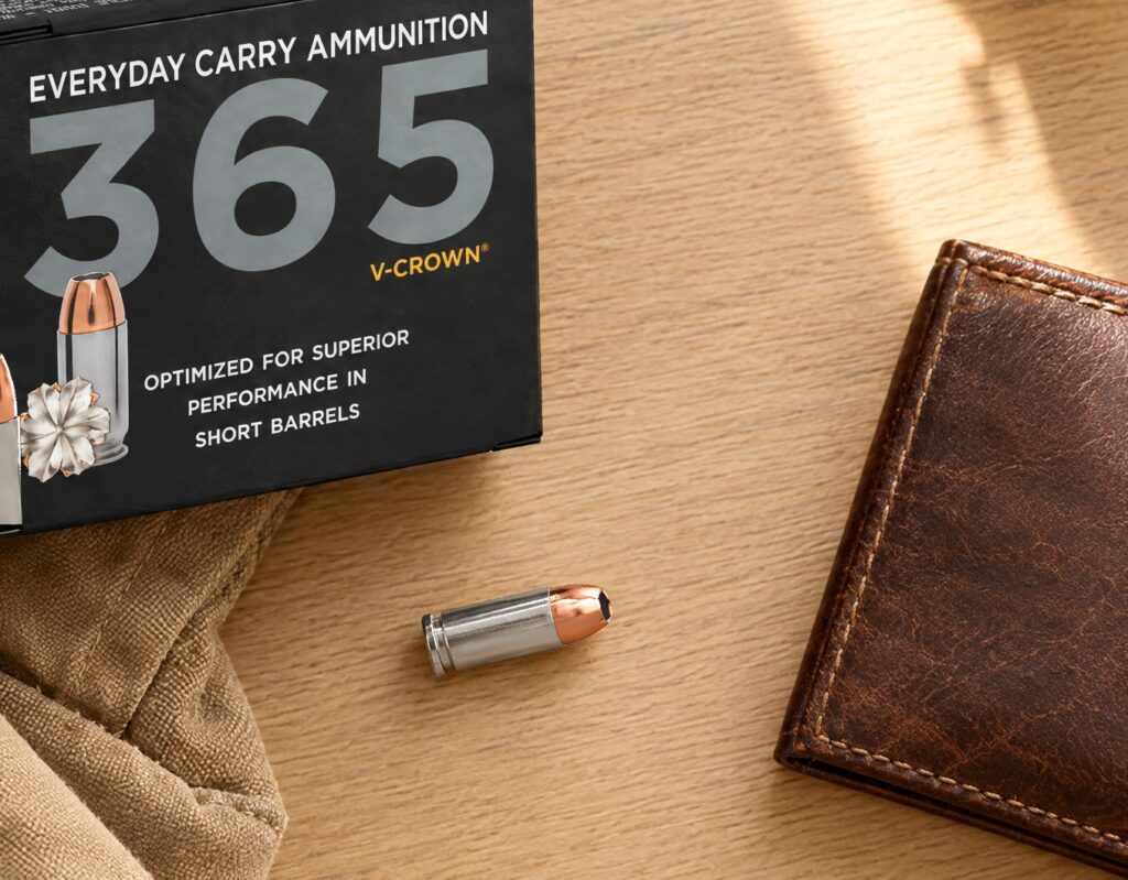 Sig Sauer 365 V-Crown 9mm Luger 115 grain JHP box front and a cartridge on an oak desk beside a canvas jacket and a leather wallet