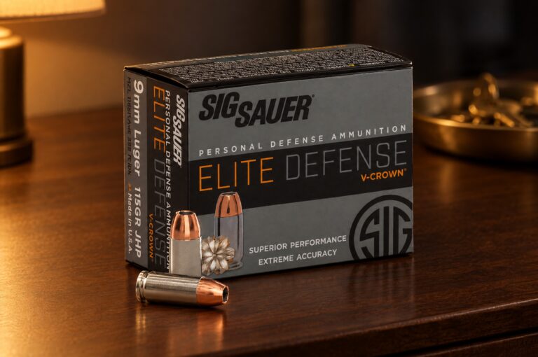 Sig Sauer V-Crown review: Elite Defense V-Crown 9mm Luger 115 grain JHP box and cartridges on a walnut nightstand by lamplight