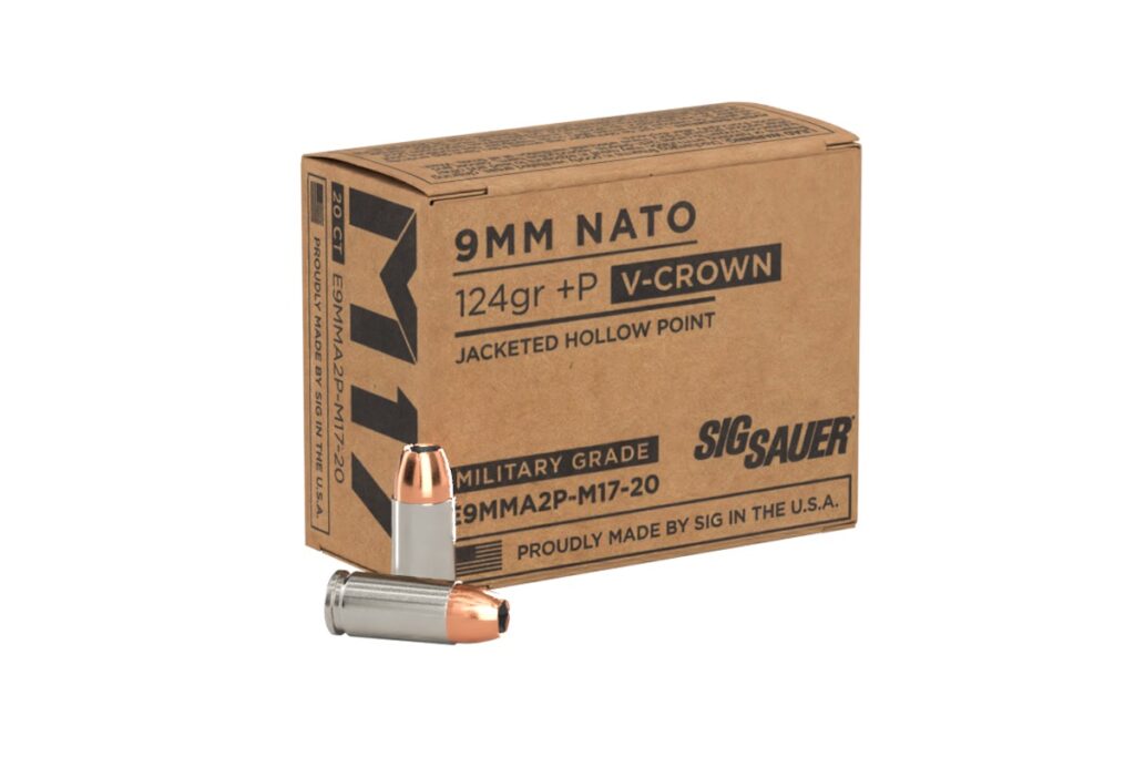 Sig Sauer M17 9mm NATO 124 grain +P V-Crown JHP box and cartridges, Sig product photo