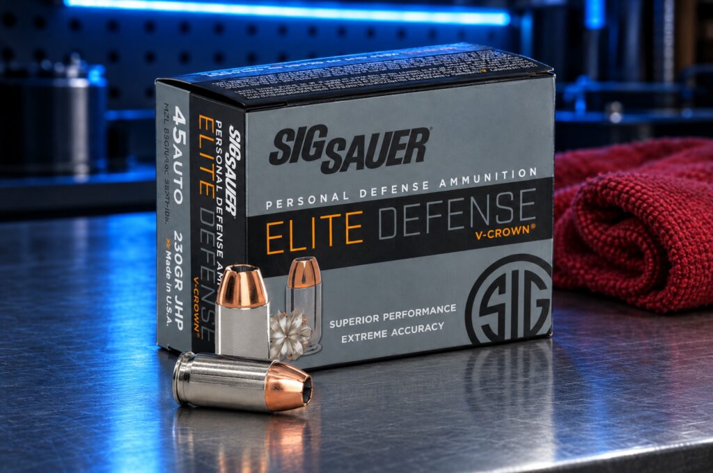 Sig Sauer Elite Defense V-Crown 45 Auto 230 grain JHP box and cartridge on a steel workshop bench under blue light