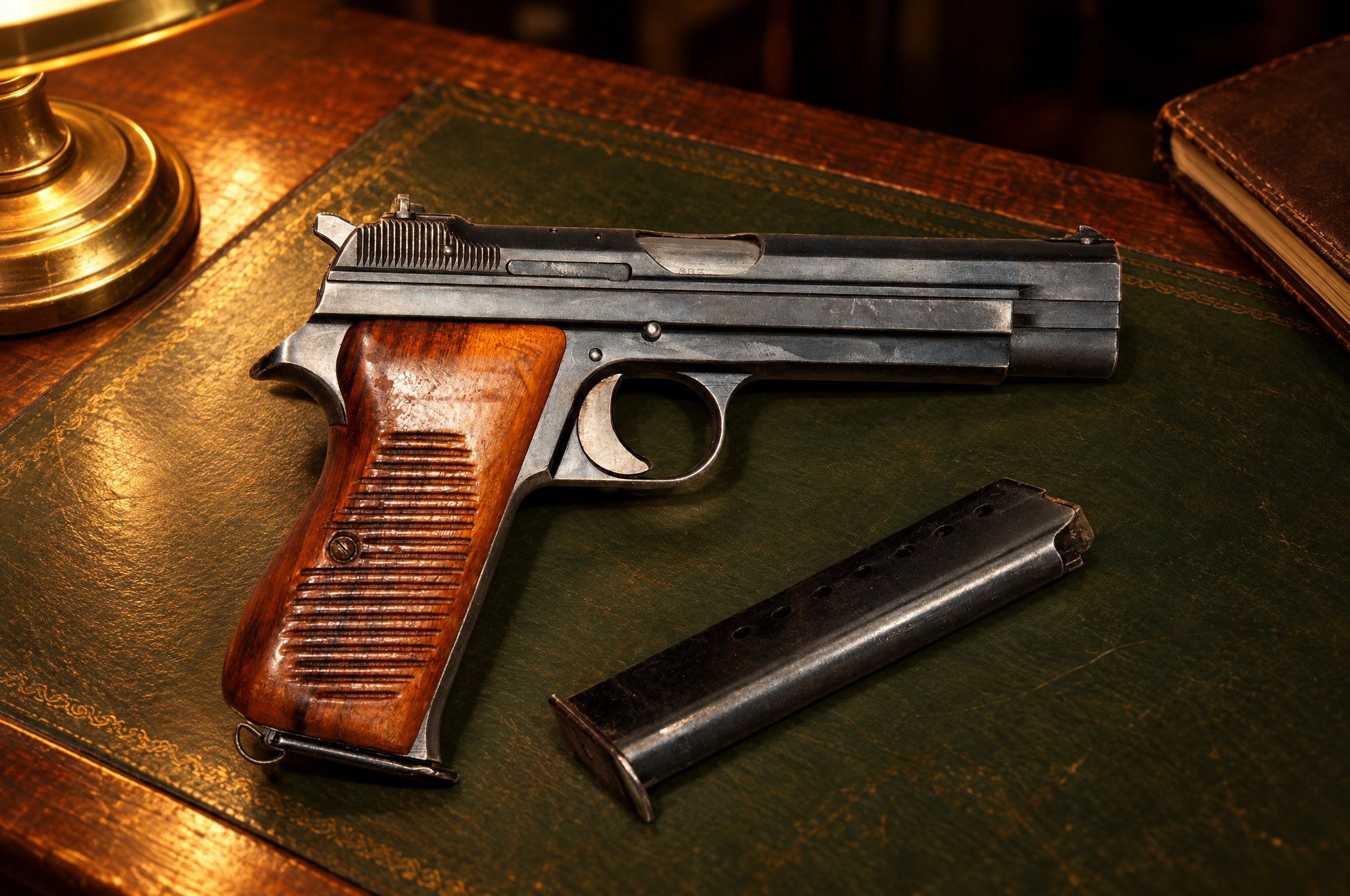 Early SIG SP47/8 9mm pistol with worn blued finish and its magazine on a green leather desk pad under a brass lamp