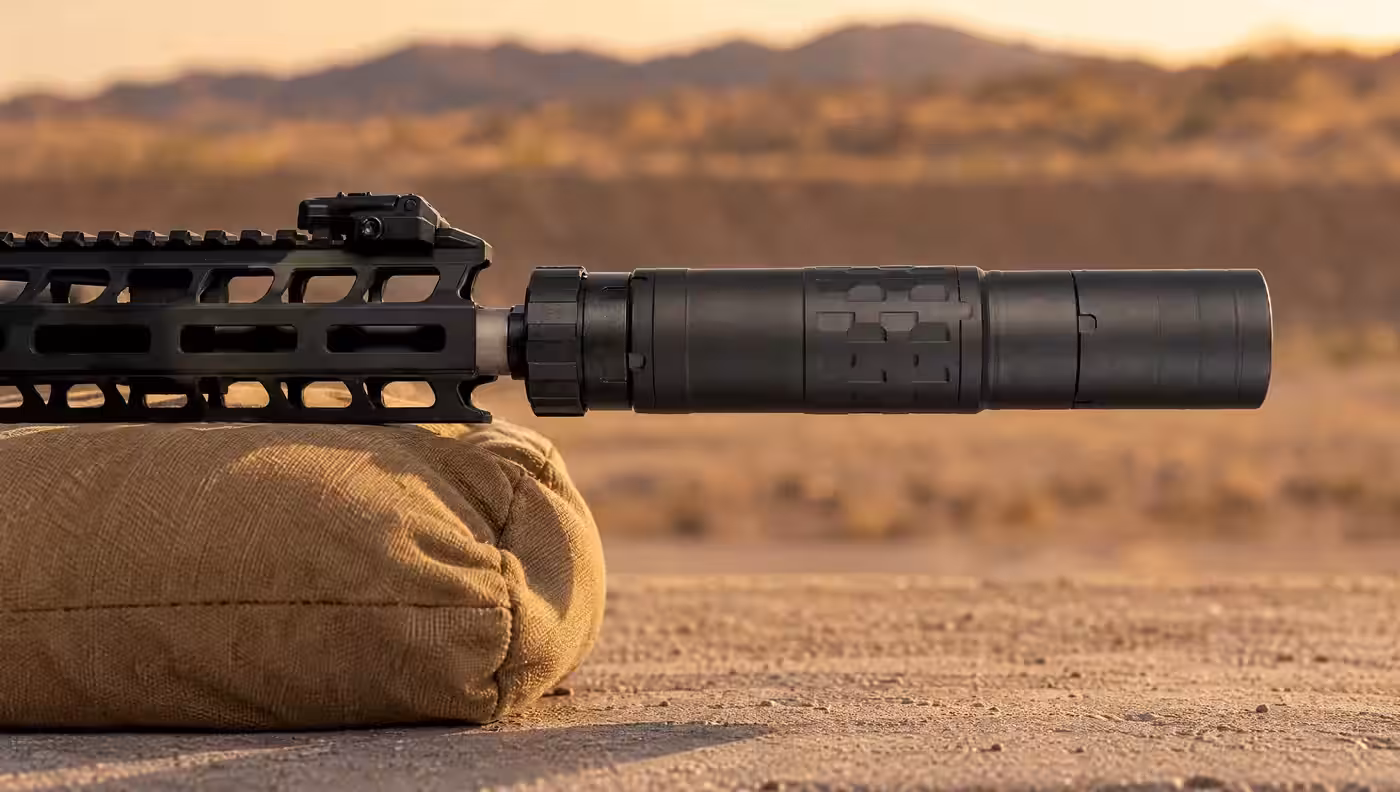SilencerCo Omega 36M suppressor mounted on an AR-15 with an M-LOK handguard resting on a sandbag at a desert rifle range in evening light