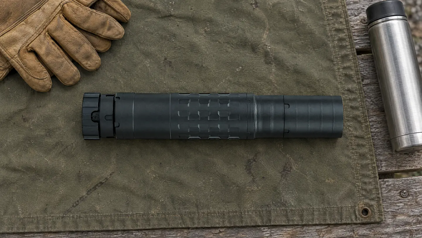 SilencerCo Omega 36M suppressor in its long configuration with the Charlie ASR Mount fitted, lying on an olive canvas shooting mat on a wooden range bench beside leather gloves