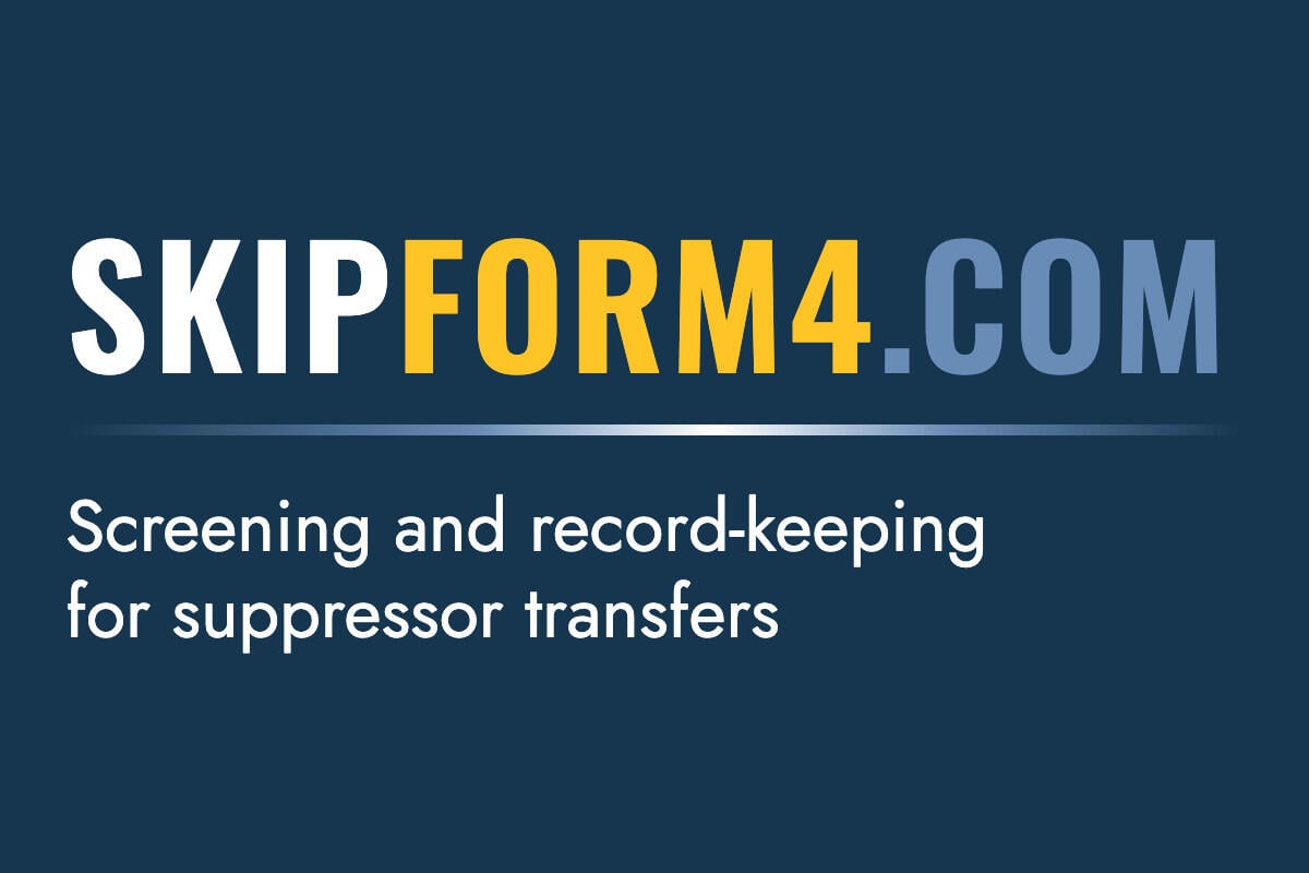 SkipForm4.com logo graphic reading screening and record-keeping for suppressor transfers