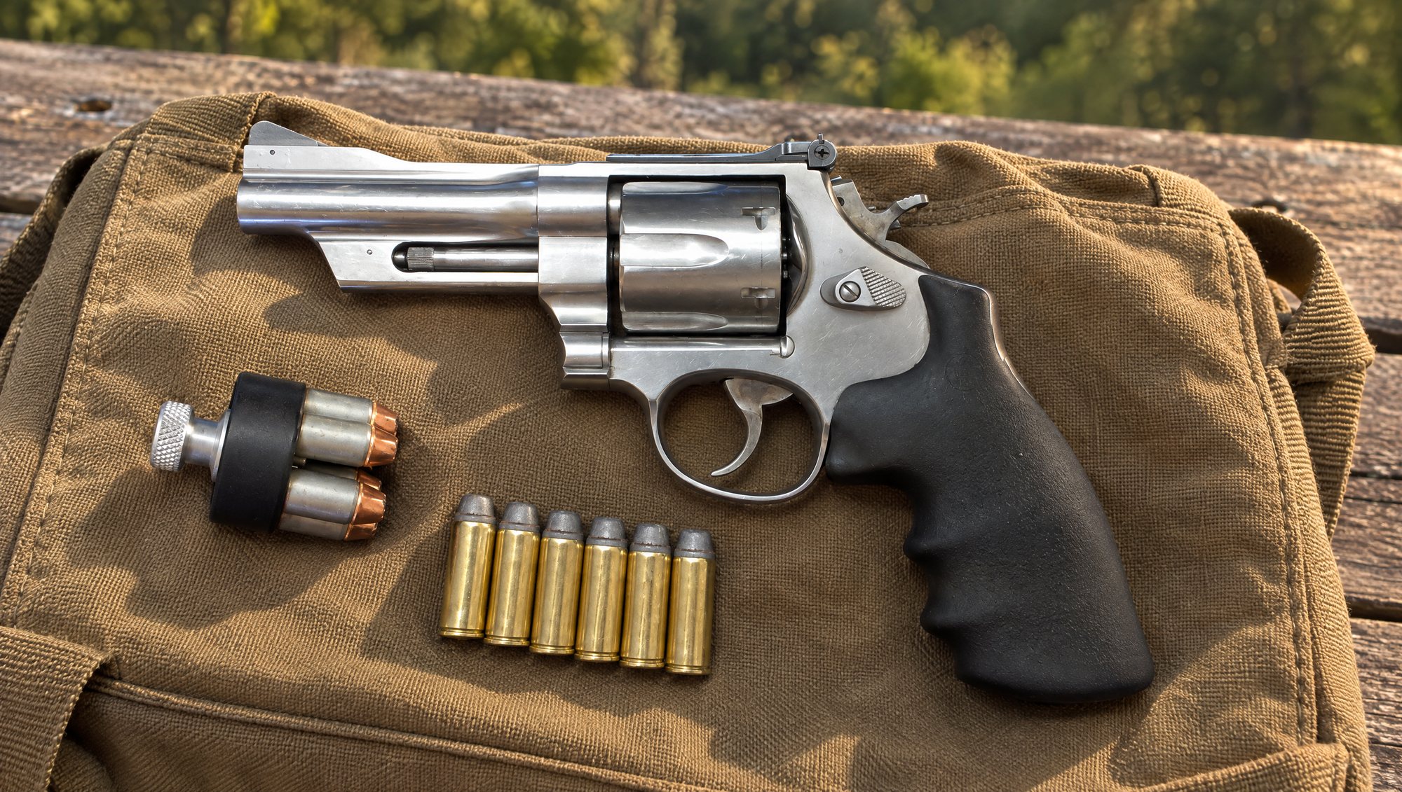 Stainless Smith and Wesson 625 Mountain Gun in 45 Colt on a canvas range bag with six cartridges