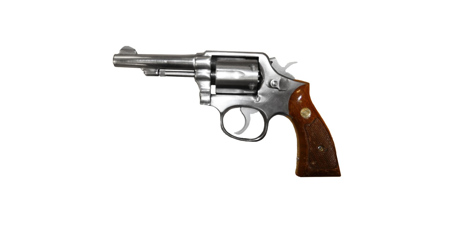 Stainless steel Smith and Wesson Model 64 revolver with wood stocks, the stainless version of the Model 10