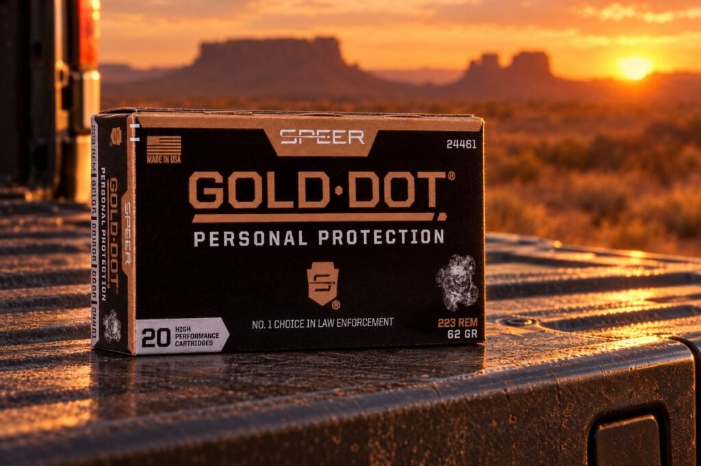 Speer Gold Dot 223 Rem 62 gr rifle ammo box on a pickup tailgate at a desert sunset