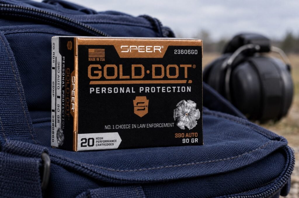 Speer Gold Dot 380 Auto 90 gr box on a navy canvas range bag at an outdoor range