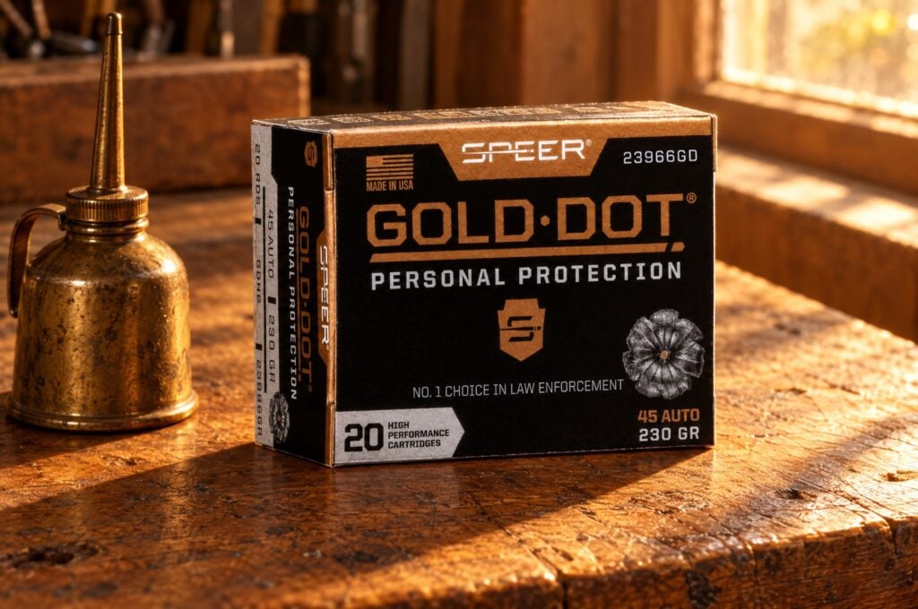 Speer Gold Dot 45 Auto 230 gr box on an oak workbench beside a brass oil can in golden hour light