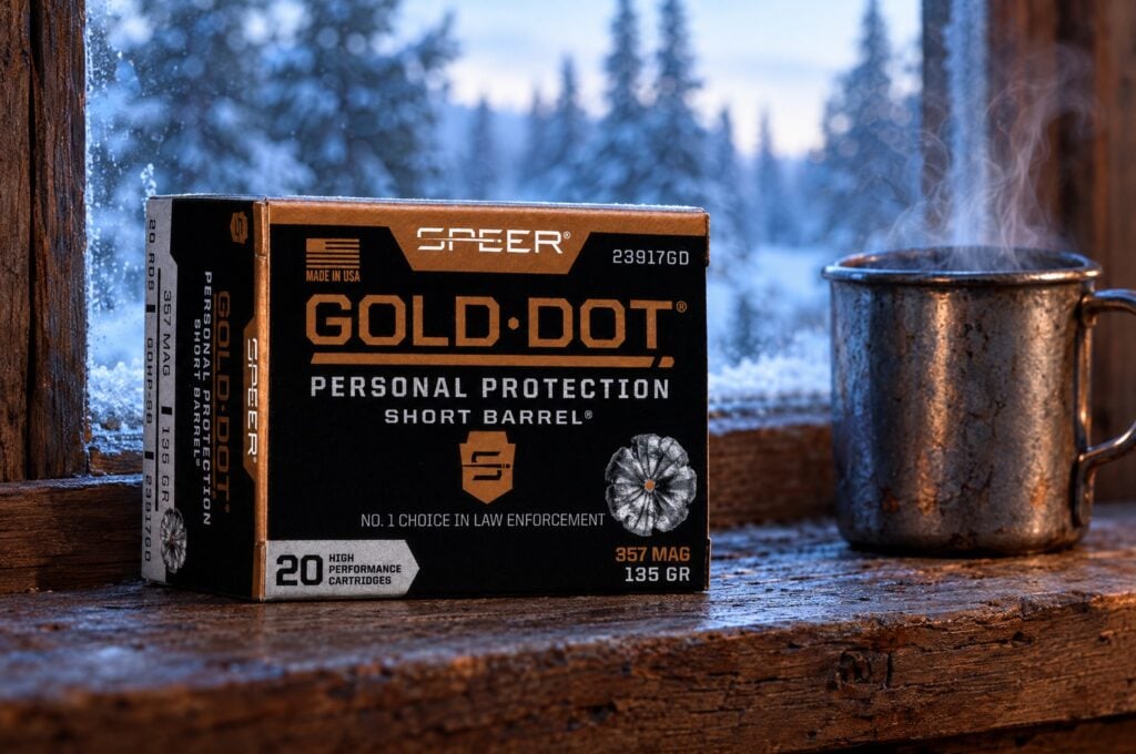 Speer Gold Dot Short Barrel 357 Magnum 135 gr box on a cabin windowsill with snow outside