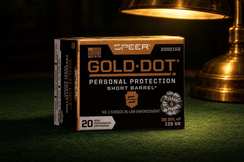 Speer Gold Dot Short Barrel 38 Special +P 135 gr box on a green felt table under a brass lamp