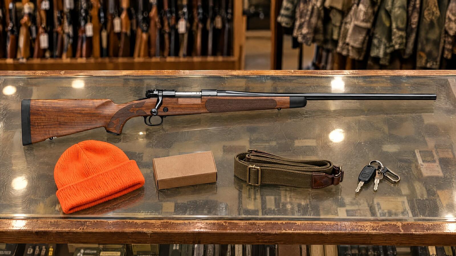 Walnut-stocked Winchester Model 70 rifle lying on a glass sporting goods store counter beside a blaze orange cap, a box of cartridges and a sling