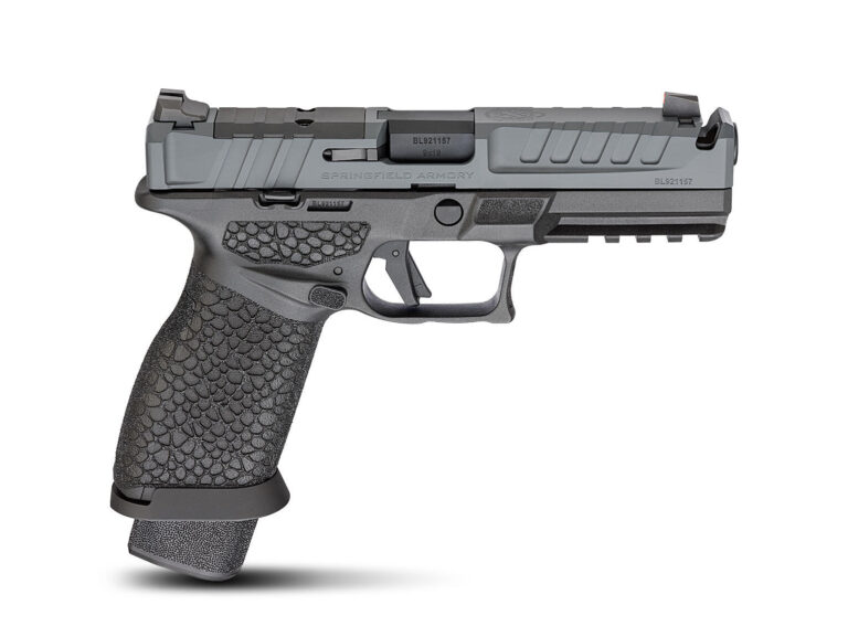 Springfield Armory Echelon Pro 4.5F Comp 9mm pistol, right side, gray slide, Badlands grip and magwell