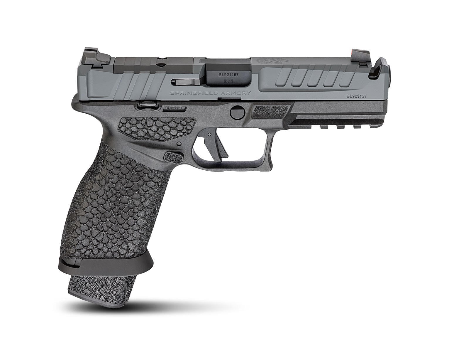 Springfield Armory Echelon Pro 4.5F Comp 9mm pistol, right side, gray slide, Badlands grip and magwell