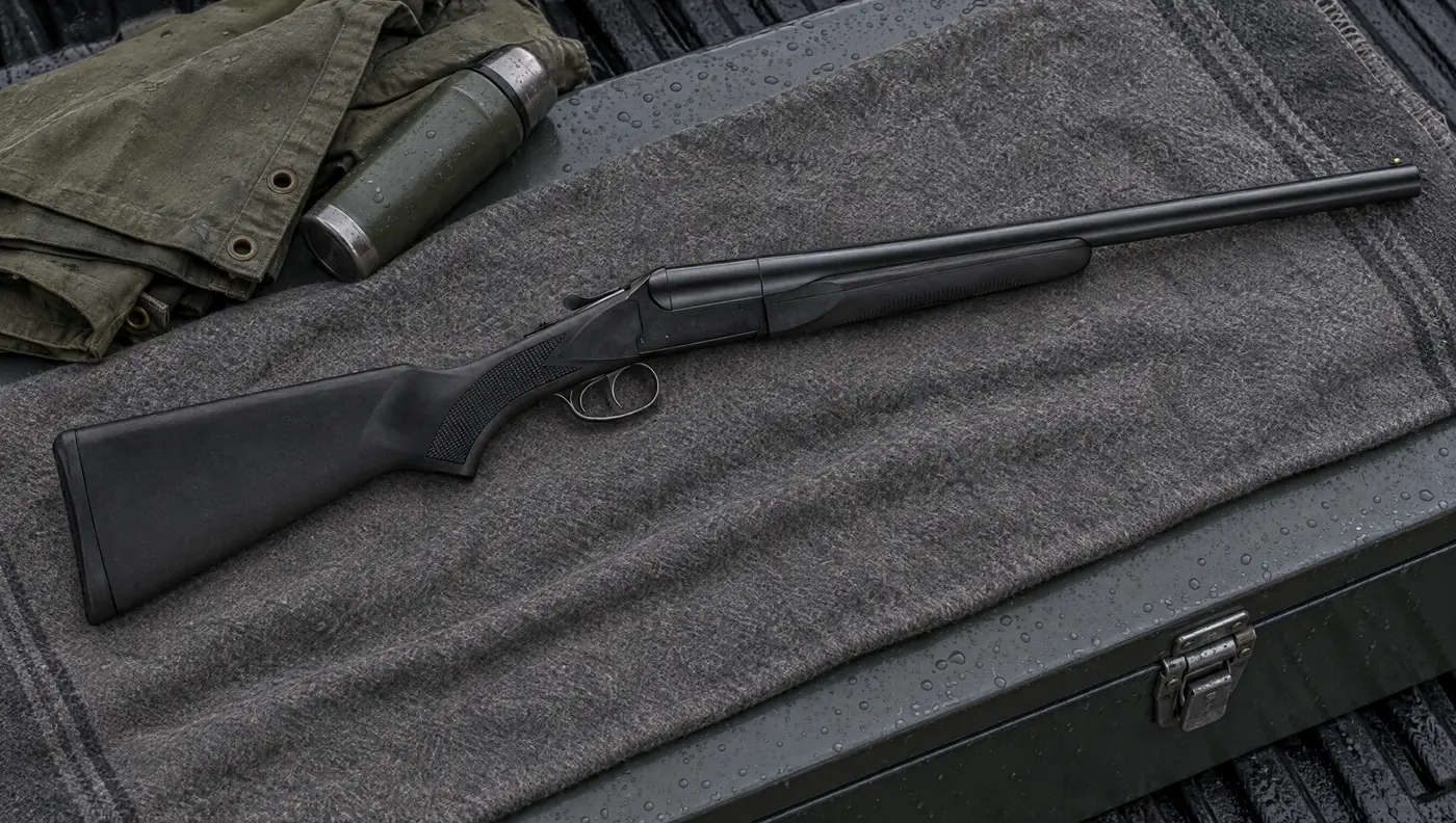 Black synthetic Stoeger Coach Gun 12 gauge side-by-side shotgun lying on a gray wool blanket on a steel job box in a pickup truck bed on a rainy morning