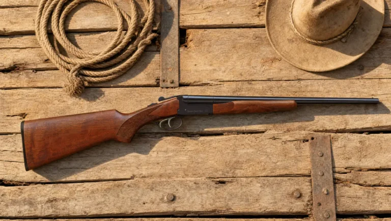 Walnut Stoeger Coach Gun 12 gauge side-by-side shotgun with double triggers lying on the plank floor of an old freight wagon beside a coiled rope and a felt cowboy hat
