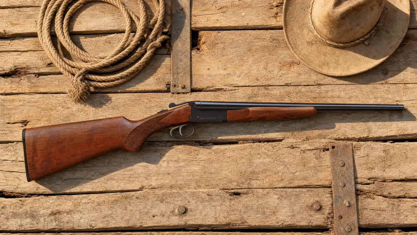 Walnut Stoeger Coach Gun 12 gauge side-by-side shotgun with double triggers lying on the plank floor of an old freight wagon beside a coiled rope and a felt cowboy hat