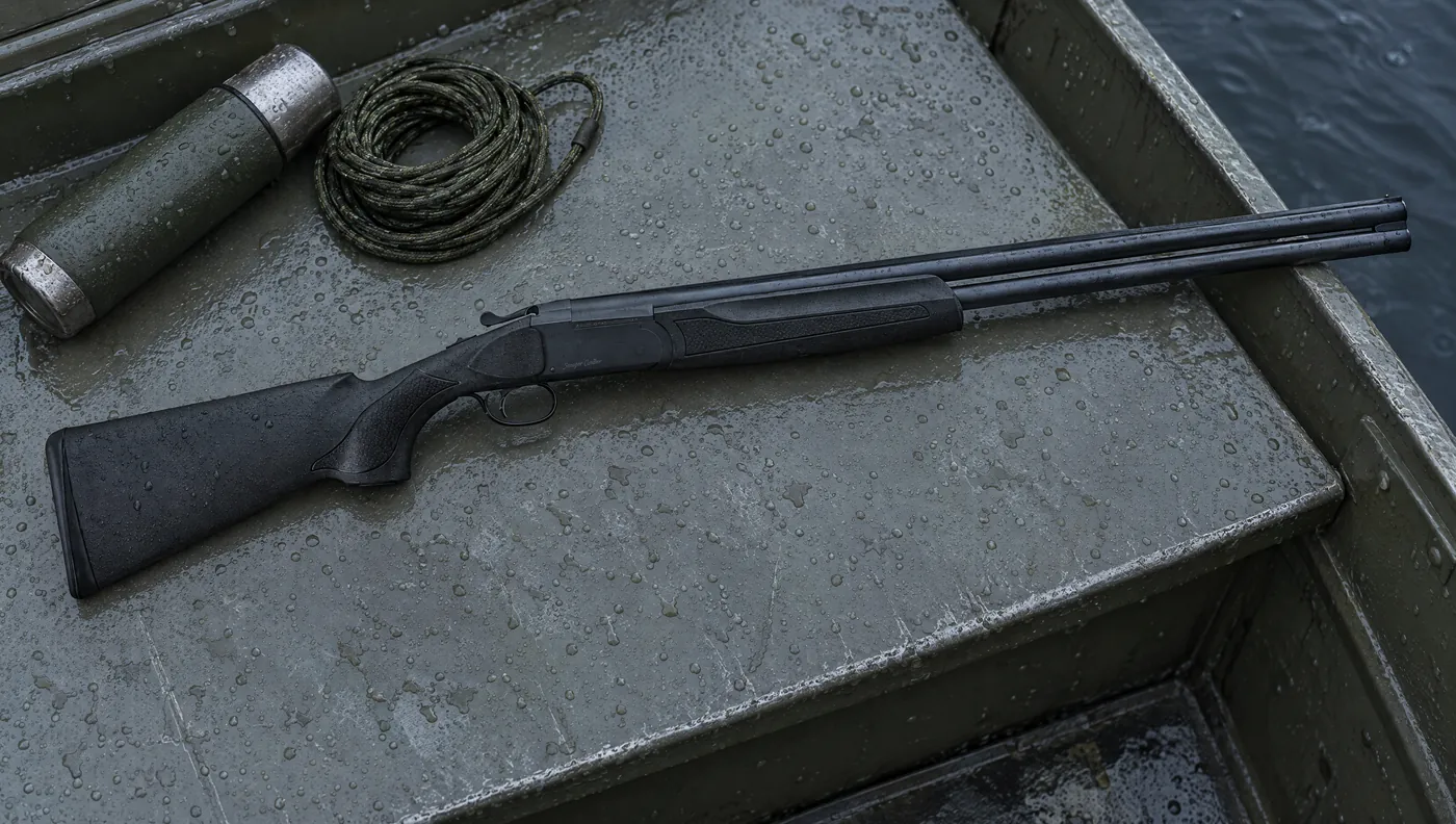 Black synthetic Stoeger Condor Field 12 gauge over-under shotgun lying on the wet aluminum seat of a duck boat beside a decoy line and a thermos