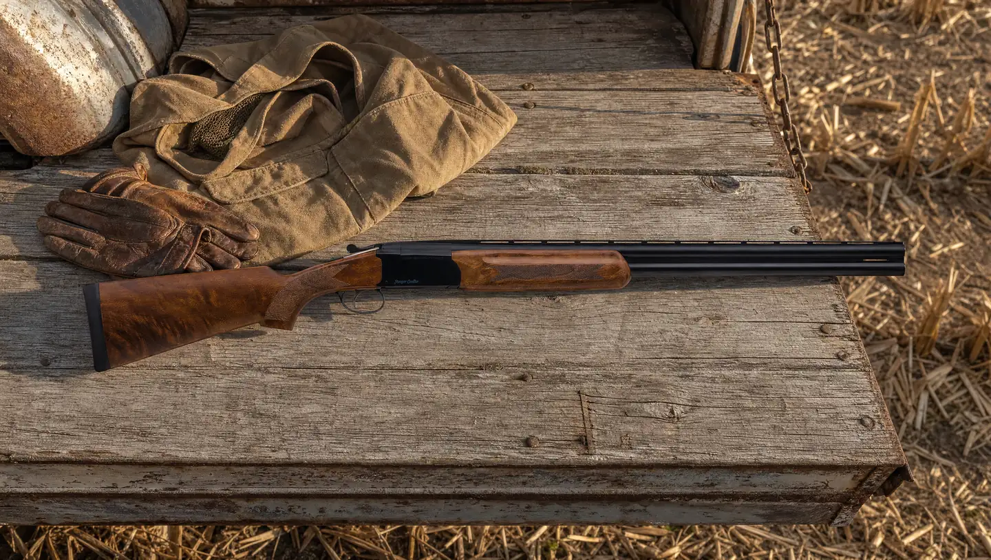 Walnut Stoeger Condor Field 12 gauge over-under shotgun lying on the weathered wooden tailgate of a farm truck beside a canvas vest and leather gloves