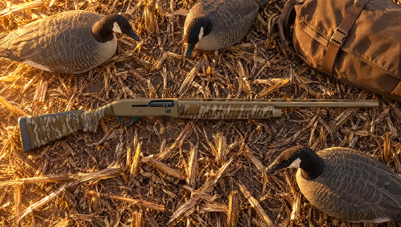 Stoeger M3500 Waterfowl Special in Mossy Oak Original Bottomland and Patriot Brown Cerakote lying on cornfield stubble beside Canada goose decoys