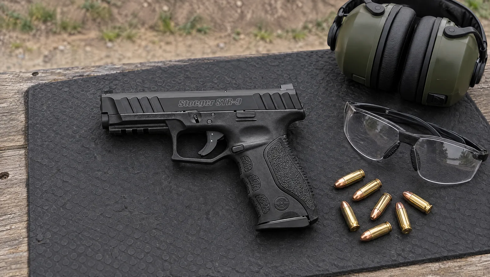 Stoeger STR-9 9mm pistol in matte black with Stoeger STR-9 on the slide, lying on a rubber mat on an outdoor range bench beside ear muffs, safety glasses and 9mm cartridges