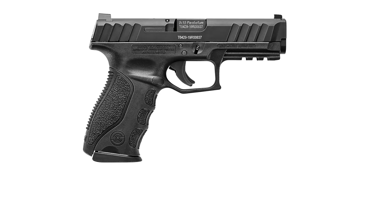 Right side of the Stoeger STR-9 showing the 9x19 Parabellum marking at the ejection port and the Made in Turkey, imported by Stoeger Industries frame lettering, Stoeger photo