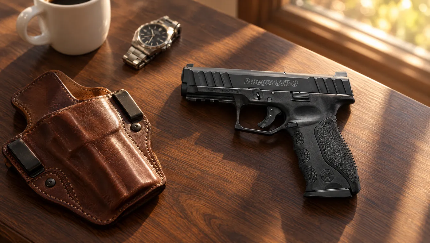 Stoeger STR-9 9mm lying on a walnut desk in morning sunlight beside a leather belt holster, a wristwatch and a coffee mug