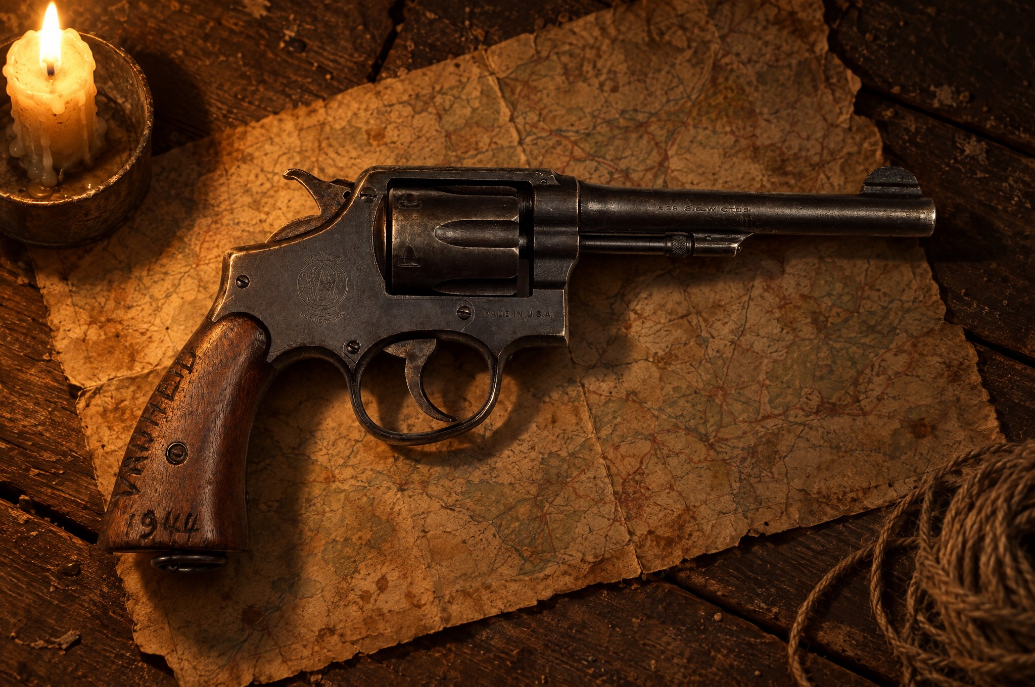 WWII Smith and Wesson .38/200 British Service revolver with lanyard ring and carved wooden grip on an old map