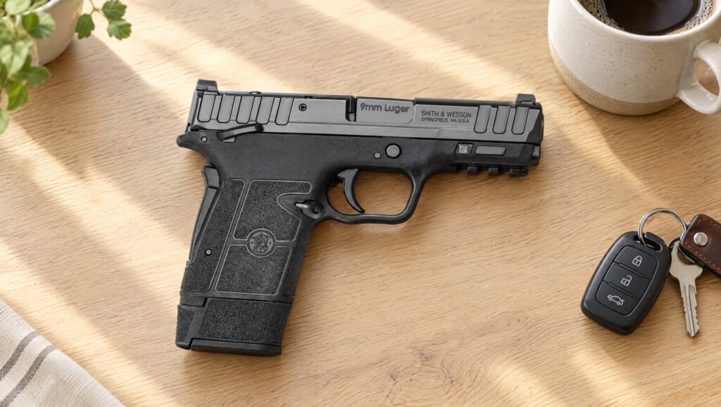 Black Smith and Wesson Equalizer pistol lying on an oak kitchen table beside a coffee mug and car keys
