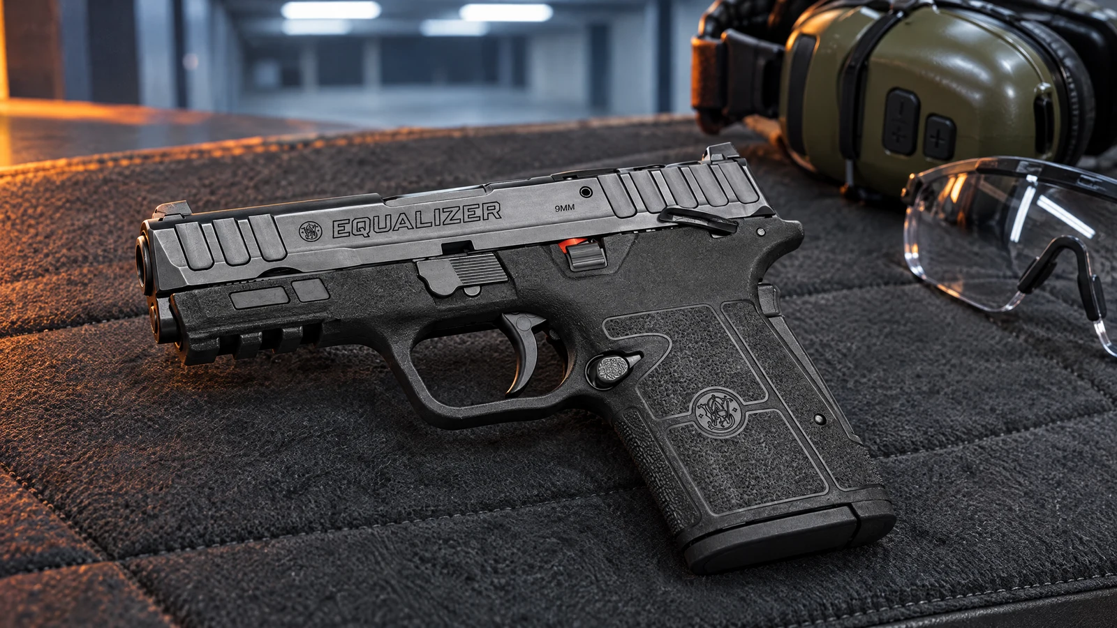 S&W Equalizer 9mm lying on a gray shooting mat on an indoor range bench beside ear muffs and shooting glasses