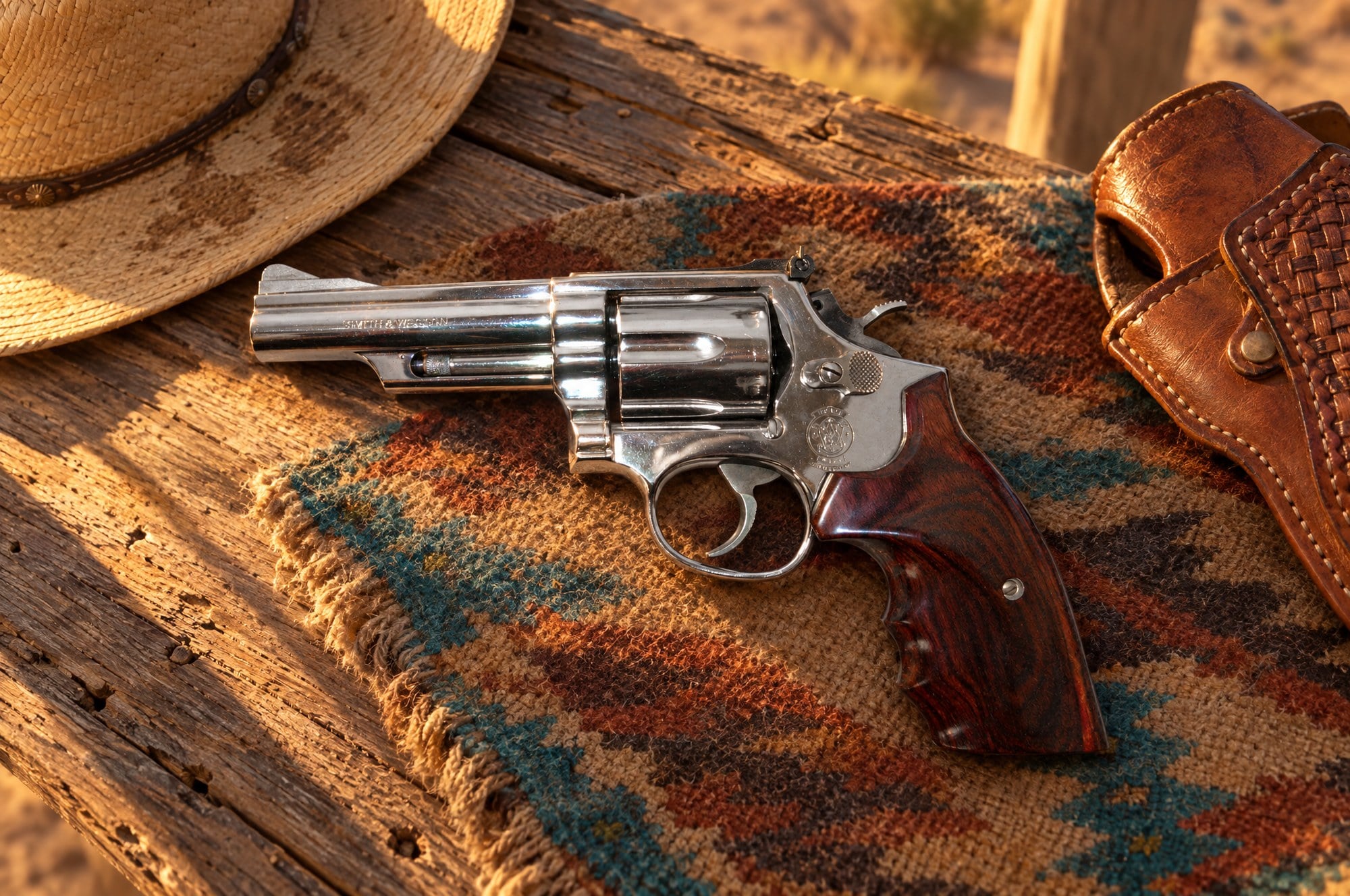 Nickel Smith and Wesson Model 19 .357 revolver with rosewood grips on a saddle blanket beside a leather holster and straw hat