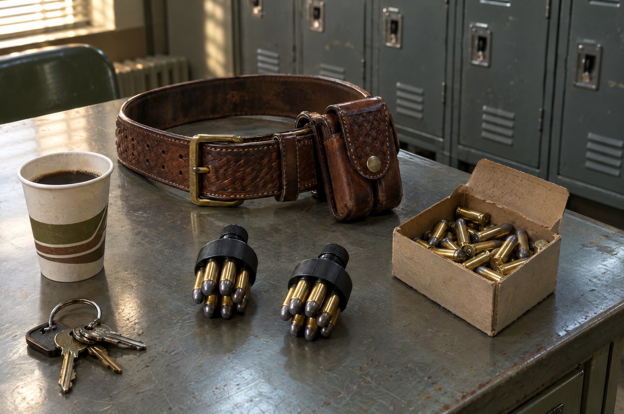 Two loaded revolver speedloaders, a basket-weave leather duty belt and a box of .357 Magnum cartridges on a police station desk