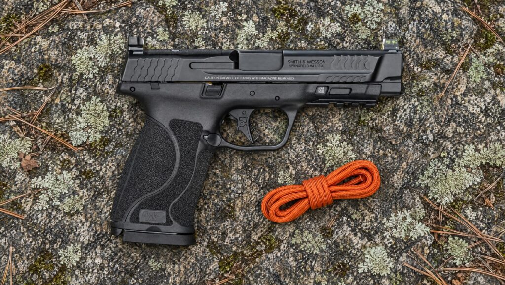 Smith & Wesson M&P 10mm M2.0 pistol with 4.6 inch barrel lying flat on gray granite