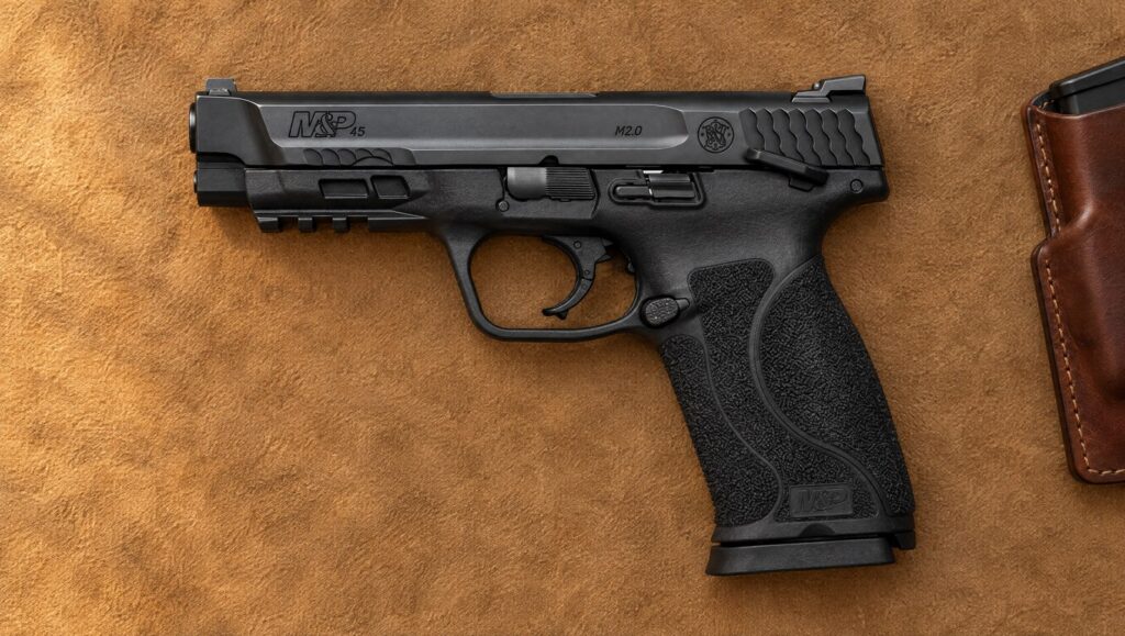Smith & Wesson M&P45 M2.0 pistol in .45 Auto with 4.6 inch barrel lying flat on tan suede