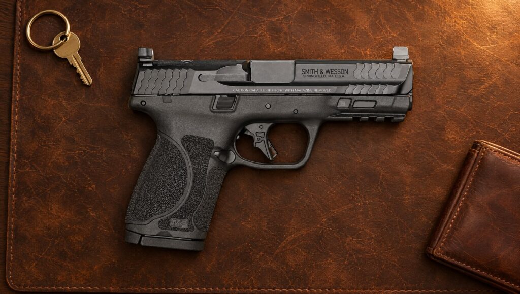 Smith & Wesson M&P9 M2.0 Compact Optics Ready pistol with 4 inch barrel lying flat on a brown leather desk pad