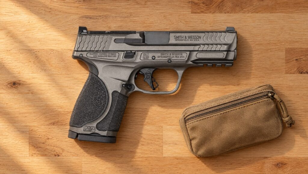 Smith & Wesson M&P9 M2.0 Metal Compact 4 inch pistol in Tungsten Gray lying flat on an oak table