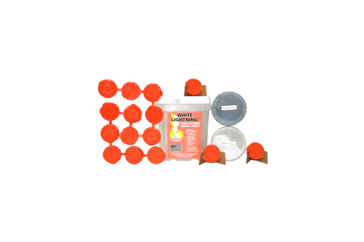 Tannerite White Lightning rimfire binary target kit with orange target cups, holders and two component tubs