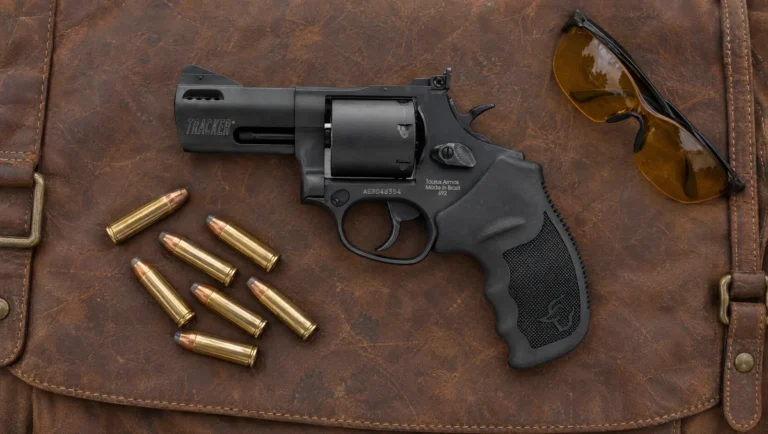 Taurus 692 2-692031 revolver in matte black with a ported 3 inch barrel marked TRACKER, lying on a leather range bag beside seven .357 Magnum cartridges and amber shooting glasses