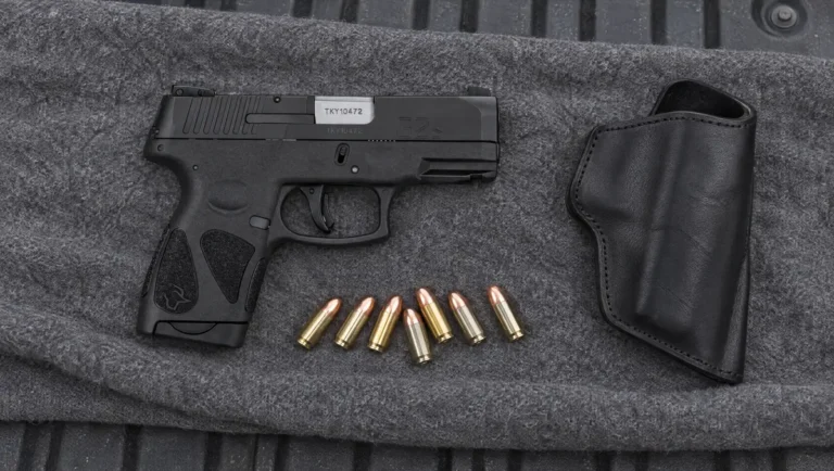 Taurus G2S 9mm single-stack pistol in matte black, right side with the G2s slide marking, lying on a gray wool blanket beside seven 9mm cartridges and a black leather holster